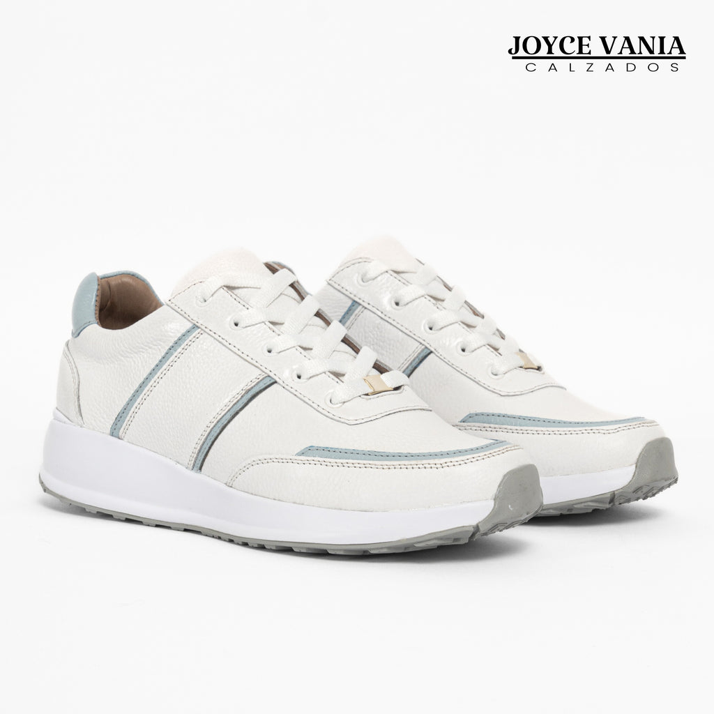 Zapatillas Urbanas Mujer de Cuero Rosaura Blanco Celeste