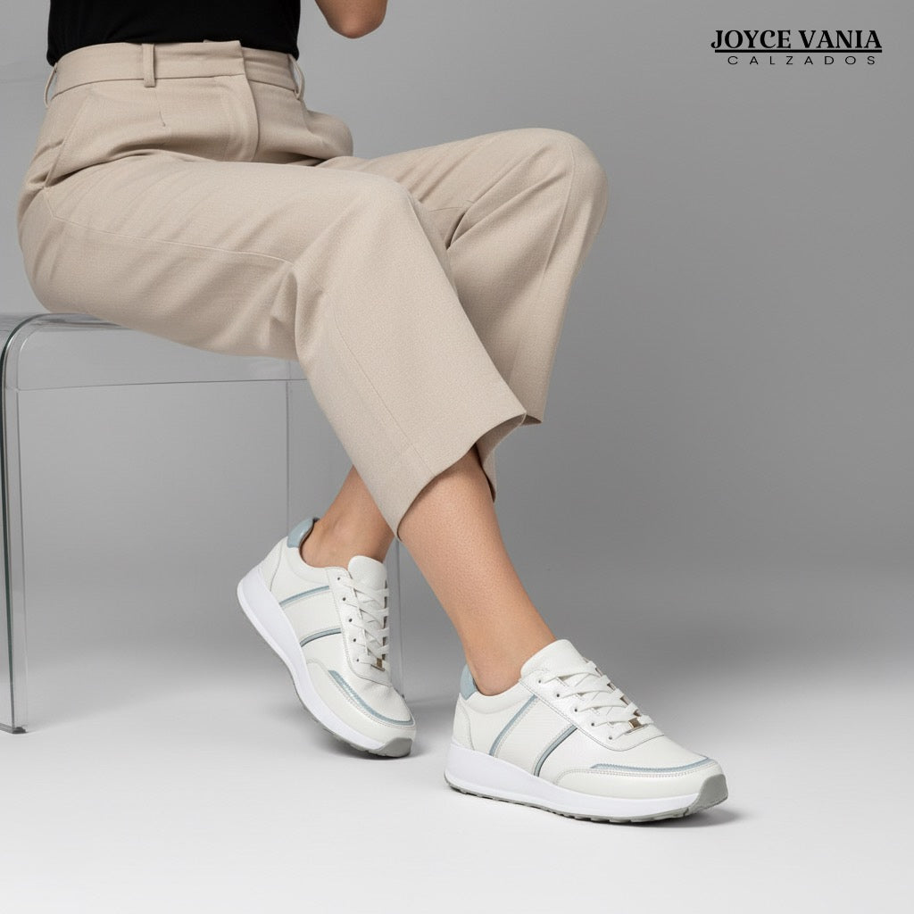 Zapatillas Urbanas Mujer de Cuero Rosaura Blanco Celeste
